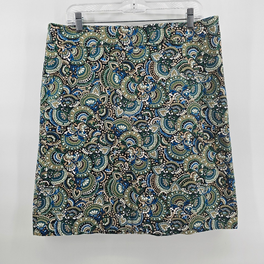 Talbots A-Line Skirt Womens 14 Green Blue Medallion Geometric Cotton Blend
